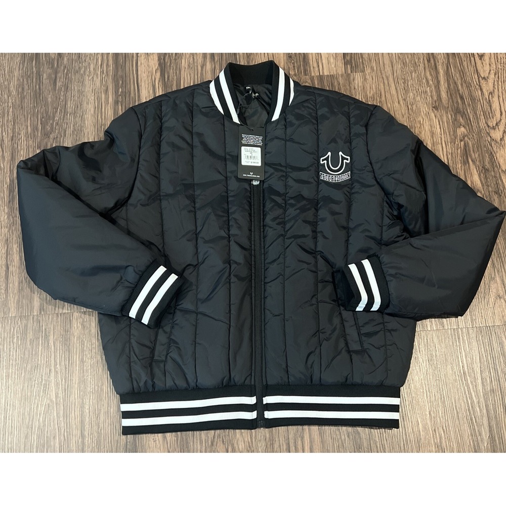 True Religion Jet Black Vertical Quilt Shell Jacket Logo Coat Men's Size S